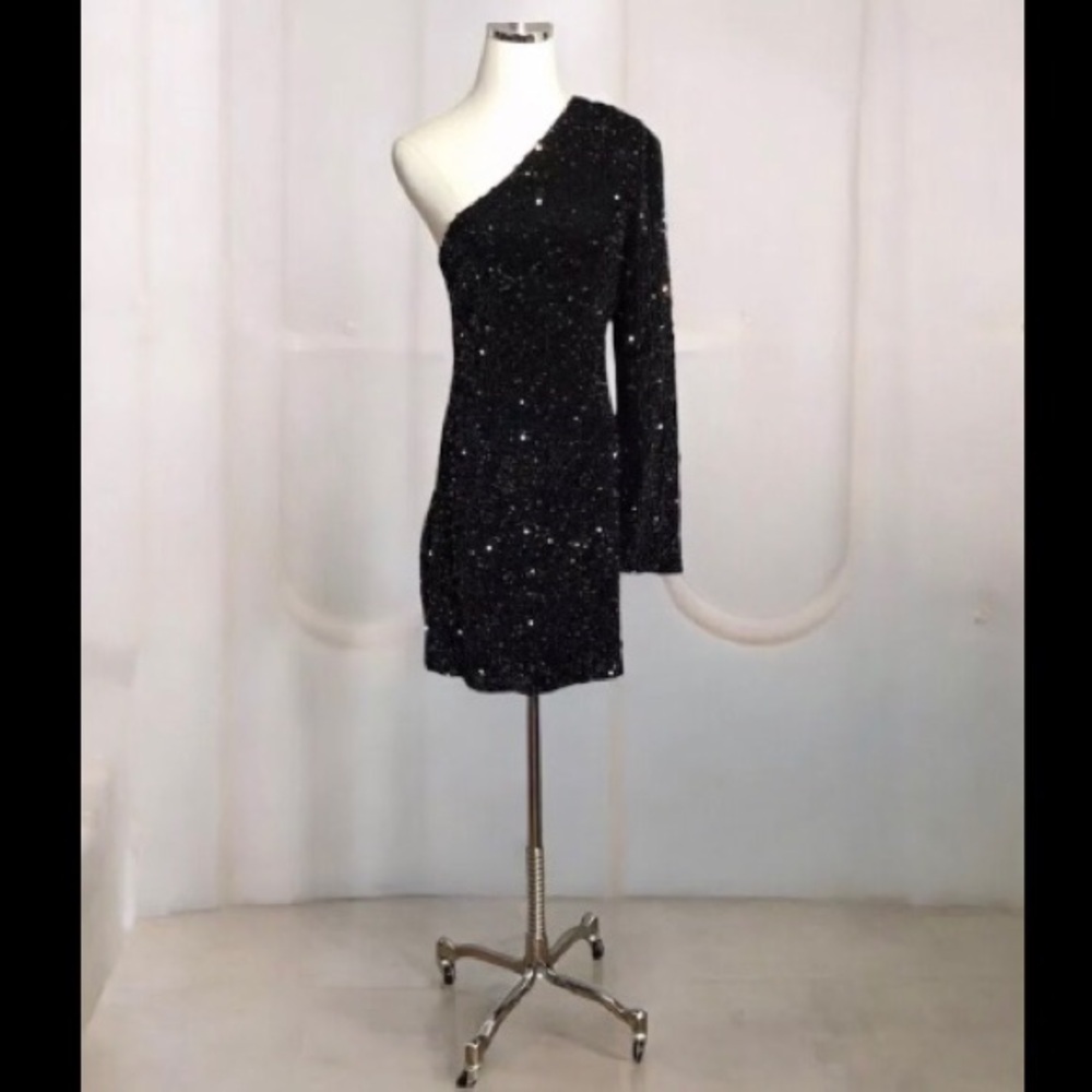 Love & Lemonade Cocktail Dress Black Sequined One Shoulder 3X